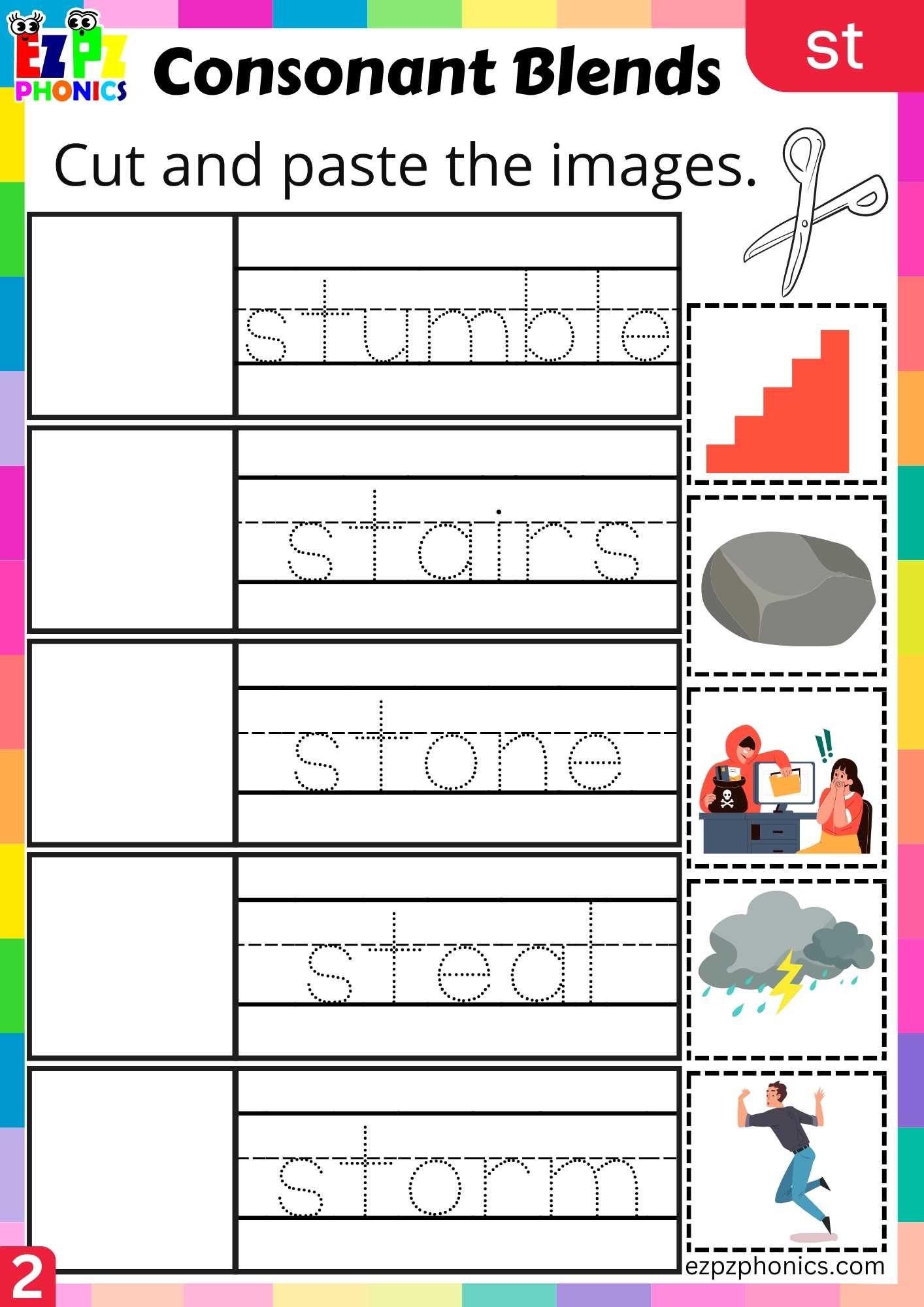 Group2 ST Words Cut And Paste The Images Phonics Consonant Blends Worksheet